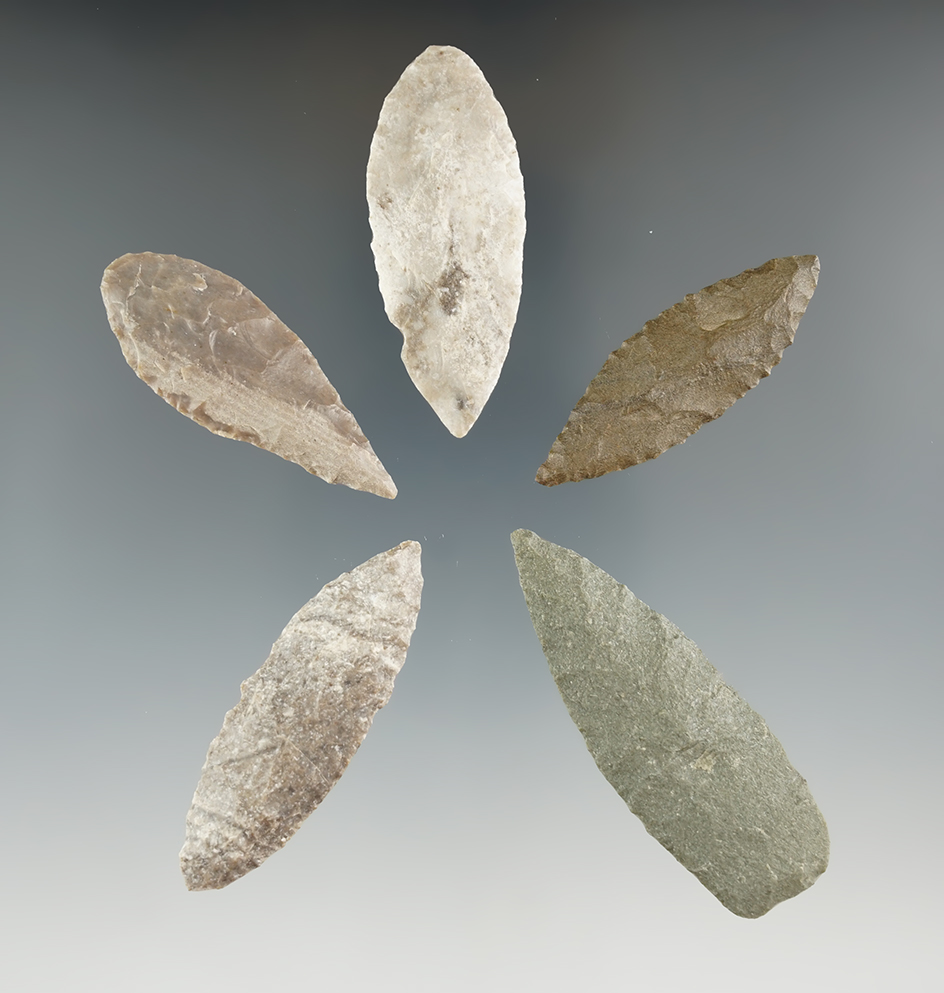 Set of five Nodena points found in East Texas, largest is 2 1/4".