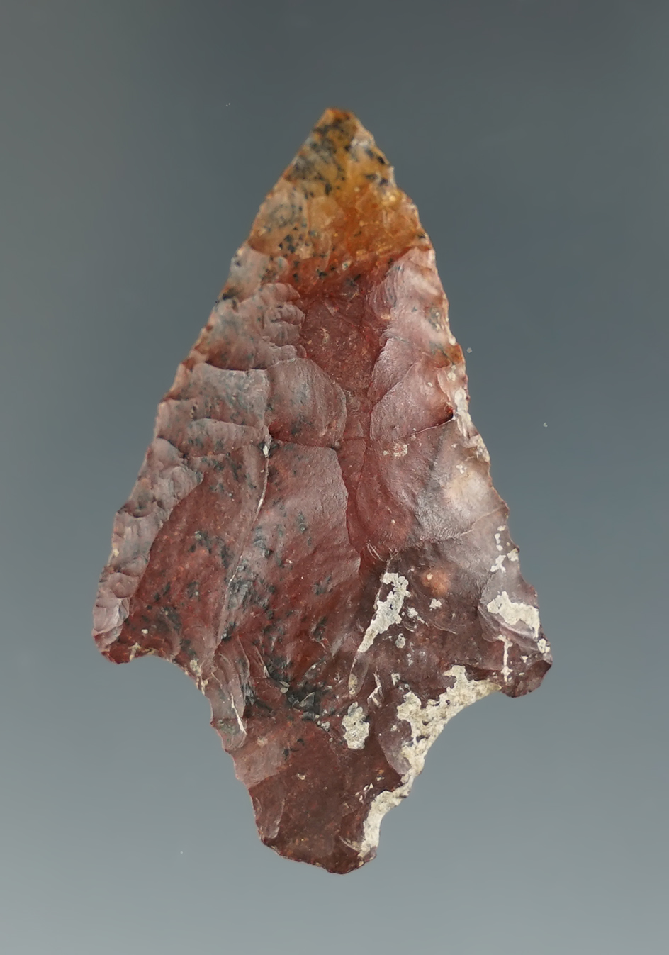 1 5/8" Rabbit Island dart point made from Jasper found in Washington.  Ex. Jim Hogue