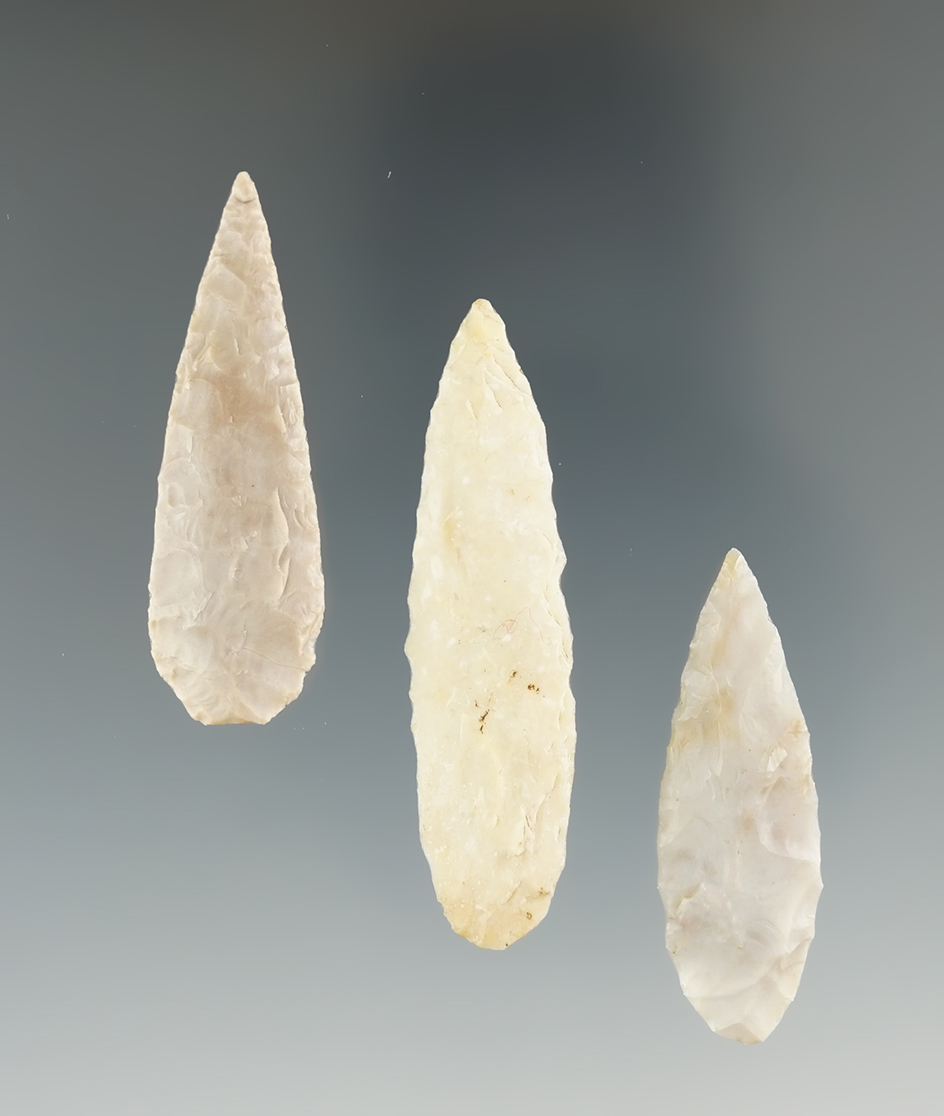 Set of three nice Nodena leaf points found in Texas/Arkansas. Largest is 2".