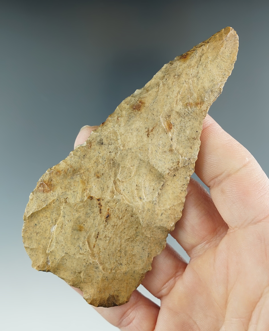 4 1/8" Haw River with spokeshave made from Ft. Payne chert, found in Kentucky. Davis COA.