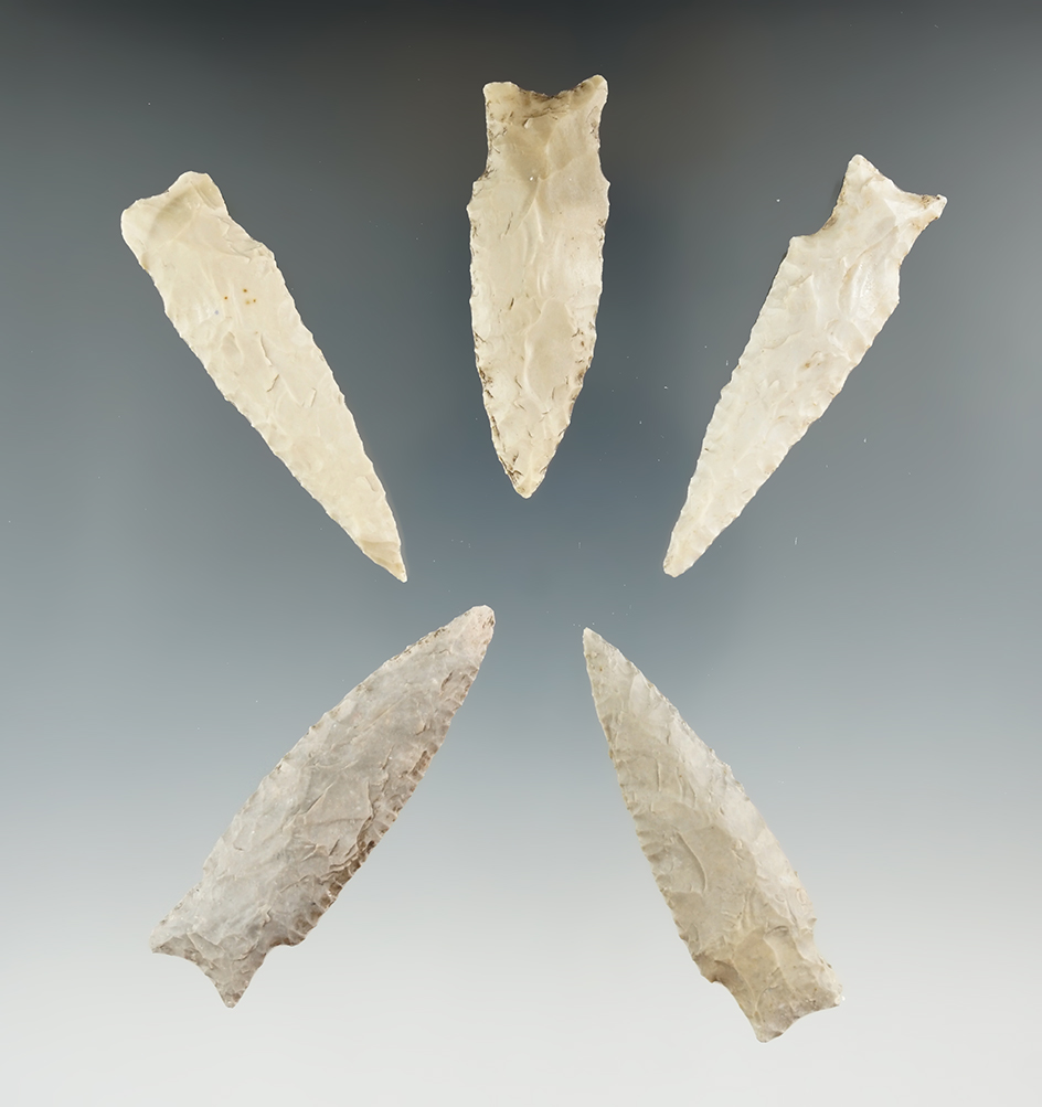 Set of five Texas projectile points, largest is 2 5/16".