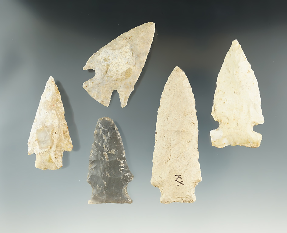 Set of five assorted points and knives found in Kentucky, largest is 3".