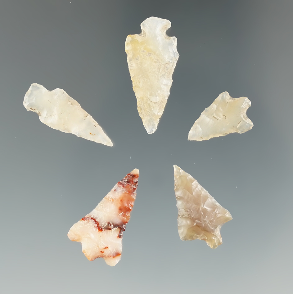 Set of five Columbia River Gem points made from beautiful materials. Largest is 1".