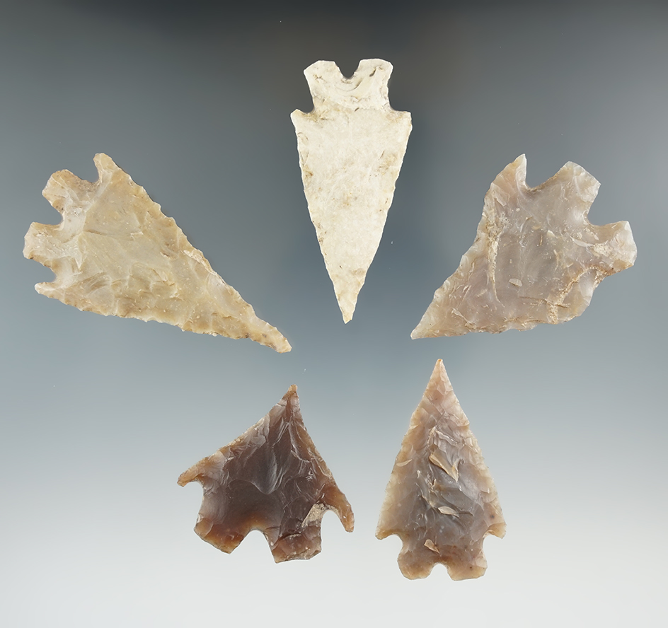 Set of five assorted points found in Texas, largest is 2 5/8".
