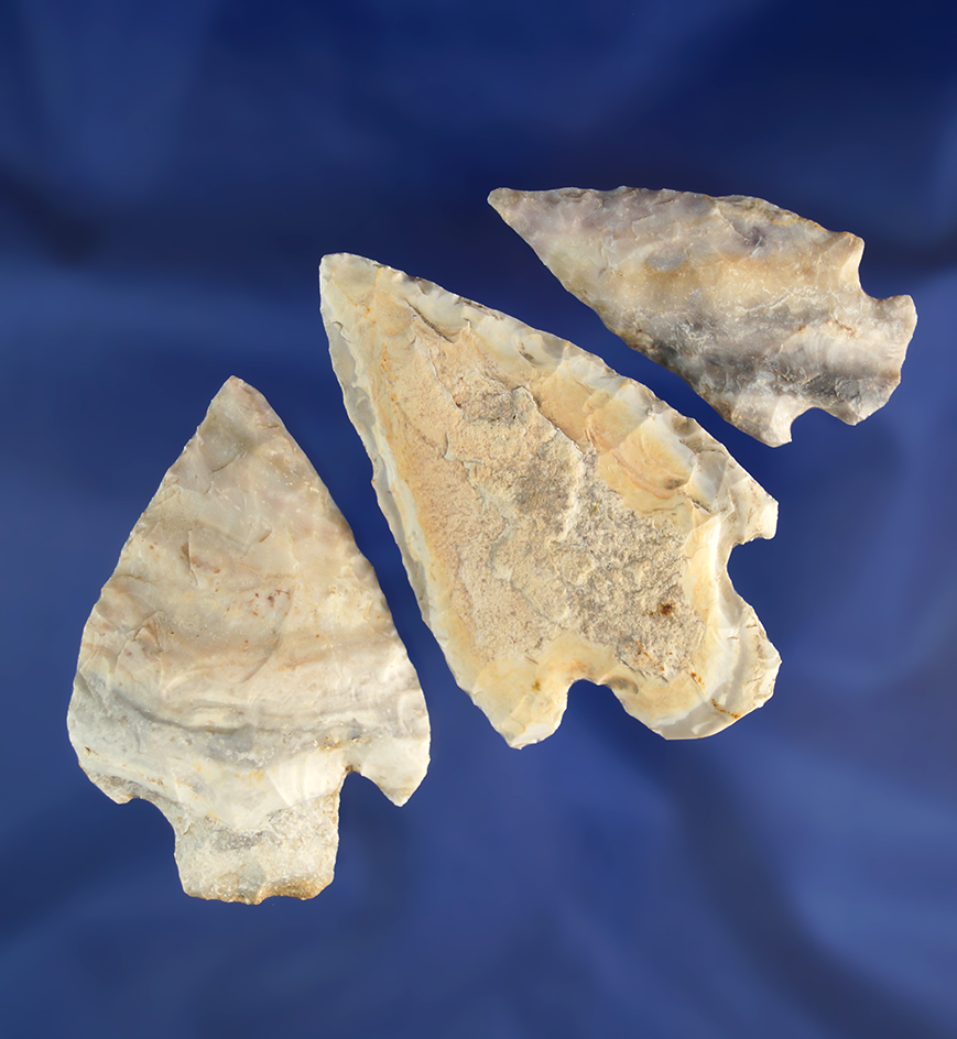 Set of three Missouri artifacts flaked from Jefferson City chert , largest is 3".