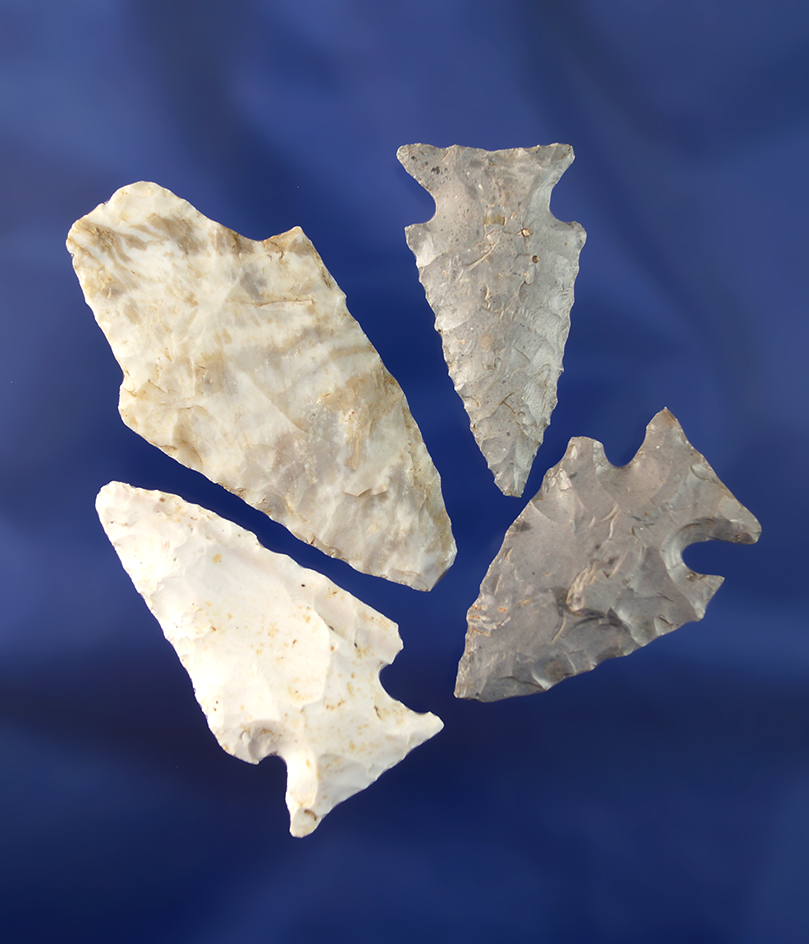 Set of four assorted Missouri arrowheads, largest is 2 1/4".