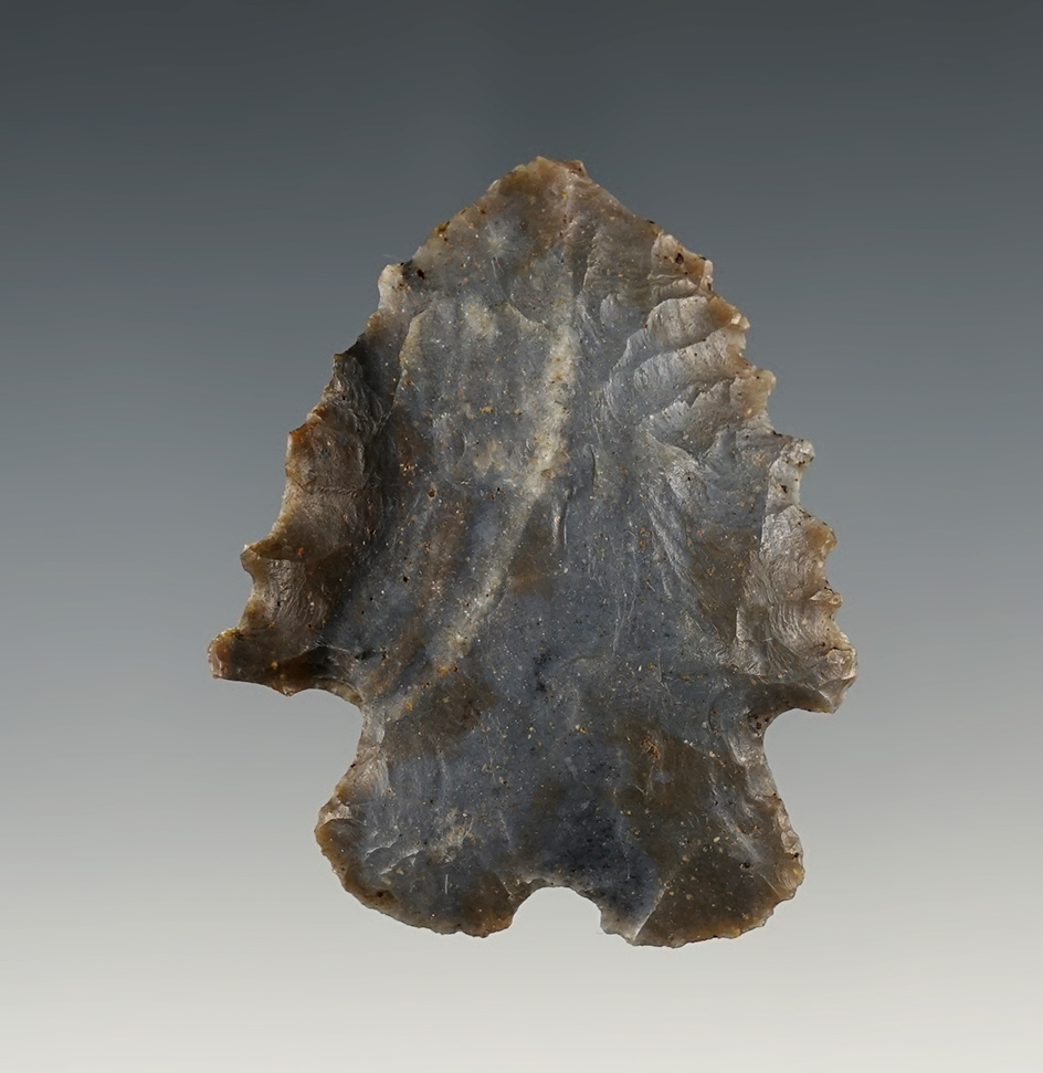 Serrated 2 3/16" Ohio MacCorkle Bifurcate made from beautiful Sonora flint. Ex. Jim McConnell