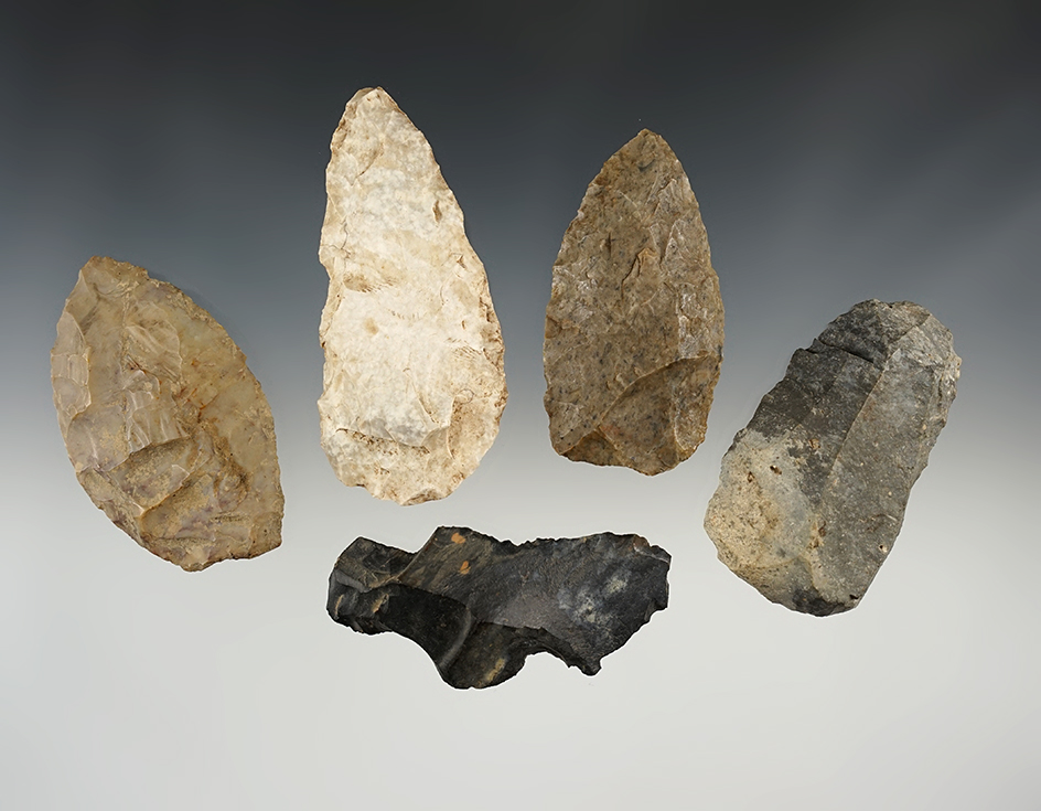 Set of 5 Ohio Blades and Tools in excellent condition. 2 are Uniface Knives. The largest is 3 1/2".