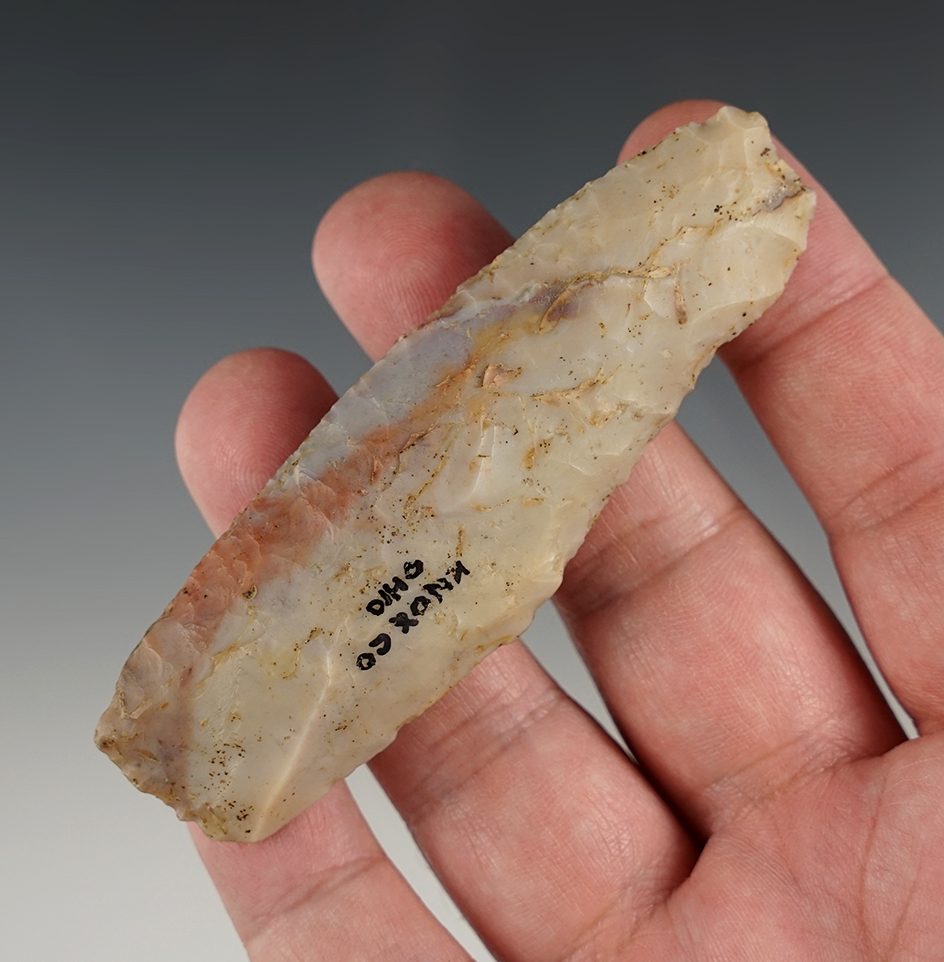 3 9/16" Colorful Paleo Knife made from Flint Ridge flint. Found in Knox Co., Ohio.
