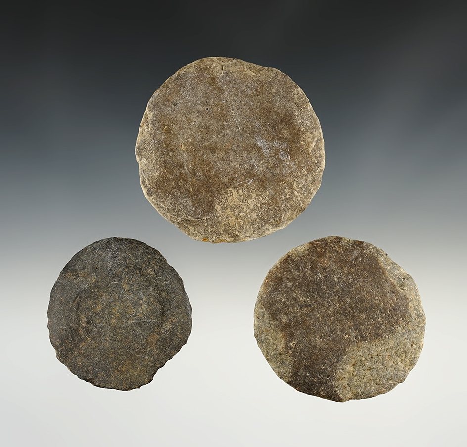 Set of 3 chipped stone discs found near the Columbia River, Oregon.  Largest is 2 15/16".