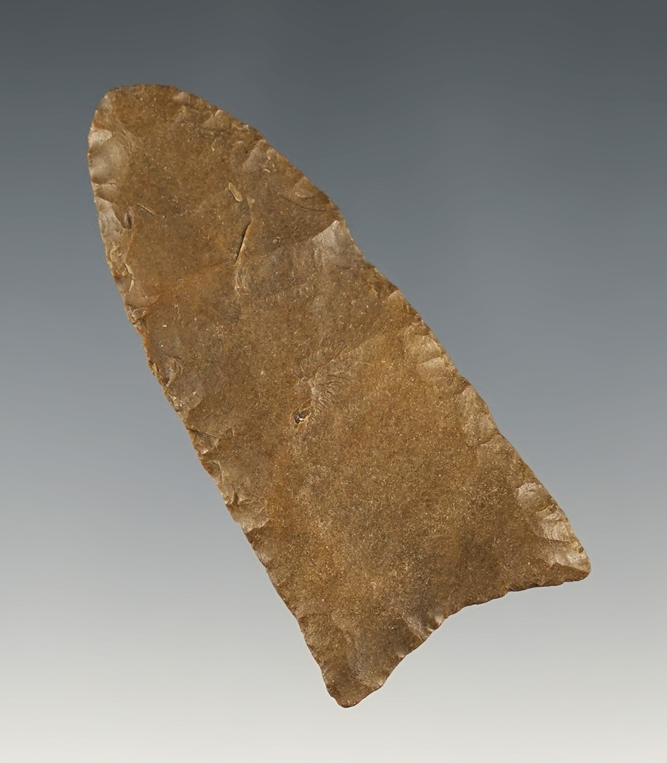 Nicely made 2 1/4" Paleo Clovis found in Brown Co., Ohio. Comes with a Jackson COA.