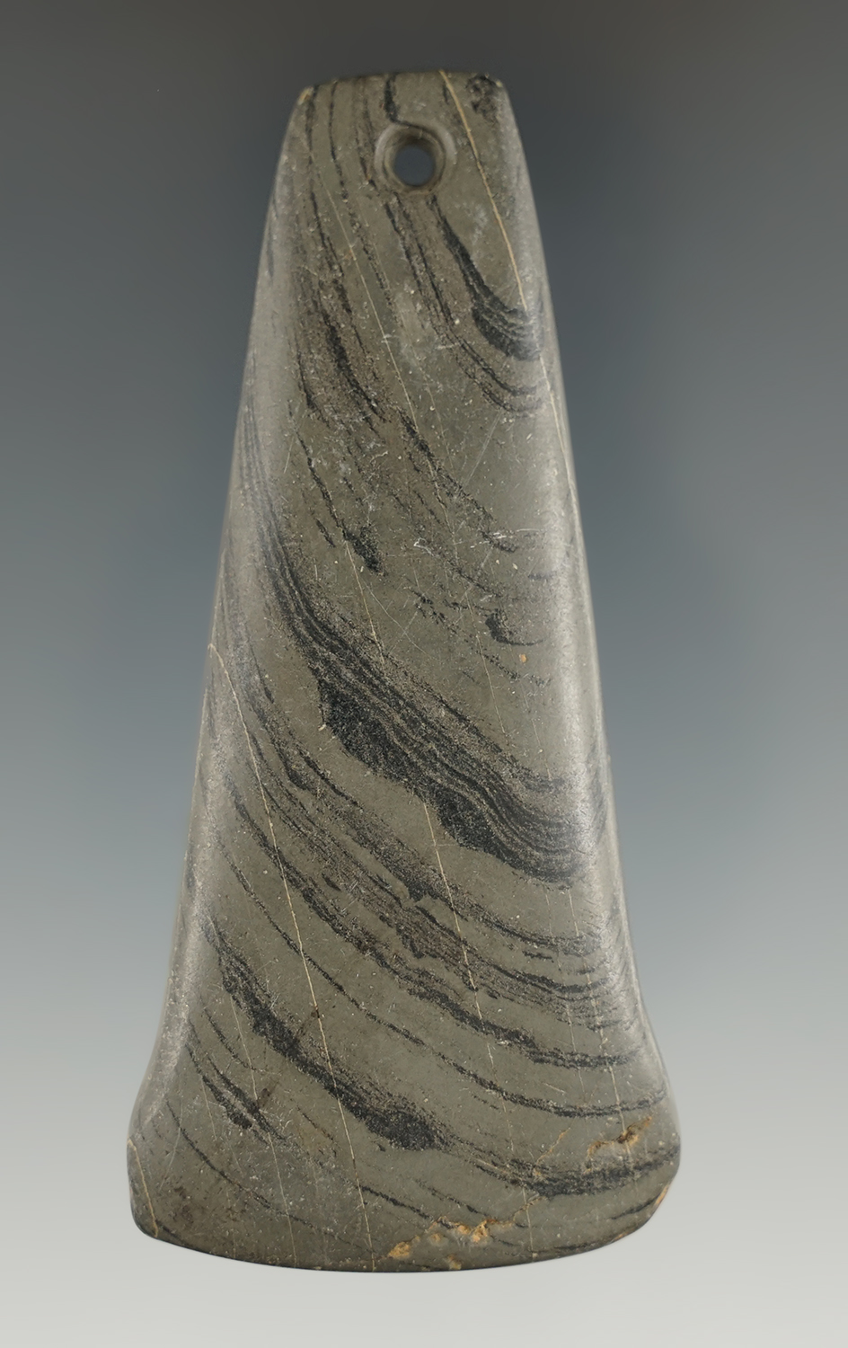 3 5/16" Adena Bell Pendant made from green and black Banded Slate, found in Geauga Co., Ohio.