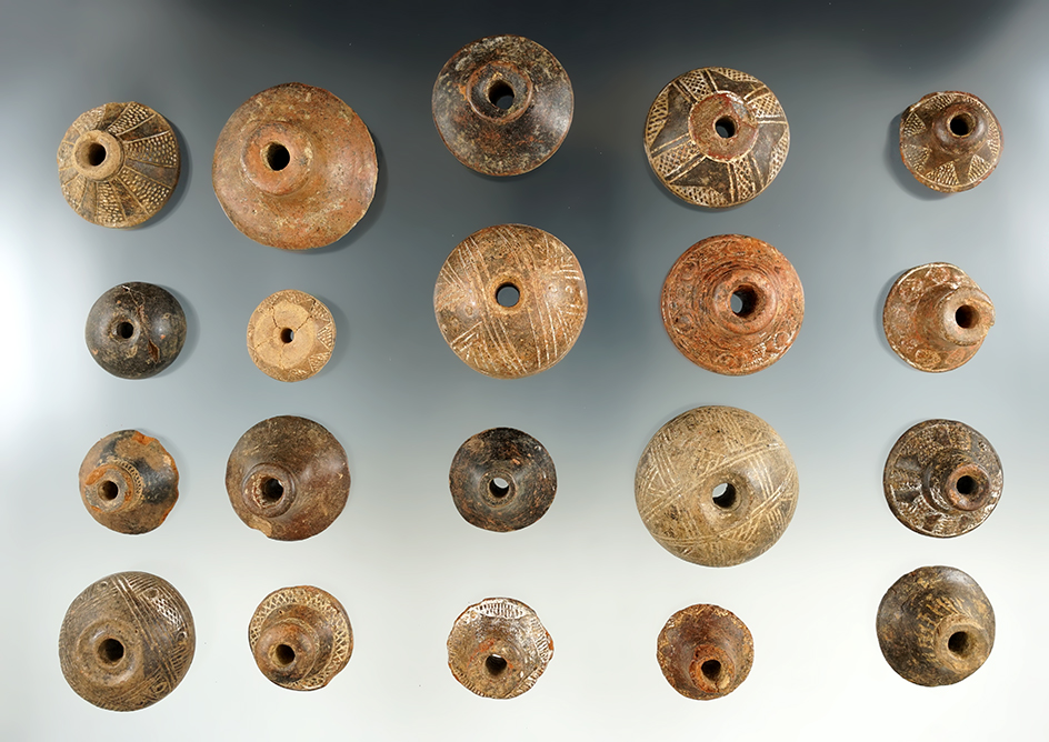 Set of 20 Assorted Pre-Columbian Spindle Whorls, largest is 1 5/8" diameter.