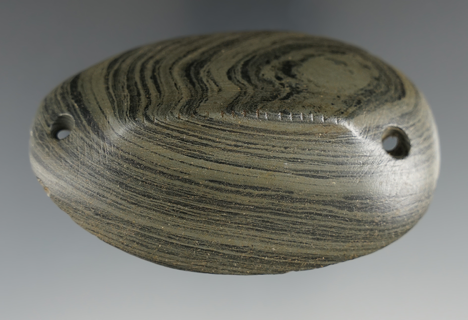 3 7/16" Banded Slate Gorget with tally marks, found in Scioto Co., Ohio. Comes with a Motley COA.