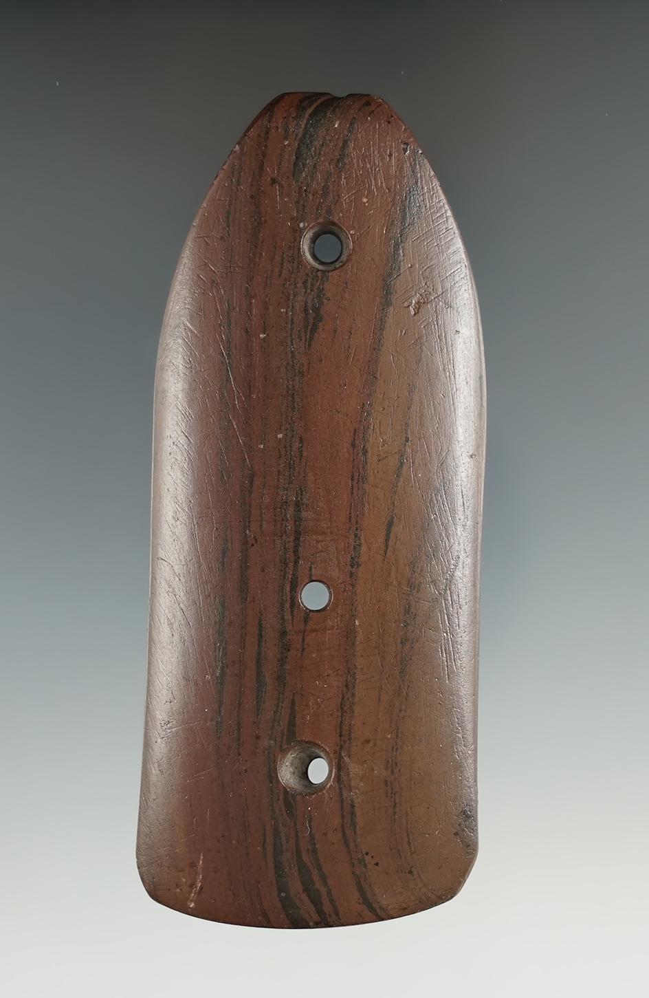 4" Three Hole Gorget found by W.A. Wall in Miami Co., Ohio on 06-11-1936. 2 COAs.