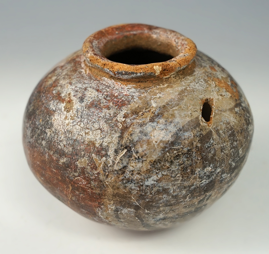 3" wide x 2 3/4" tall painted Pre-Columbian pottery vessel from Costa Rica, one small probe hole.