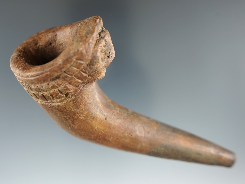 4 1/2" long Iroquois clay Human Maskette Effigy Pipe with partial restoration and mended stem.