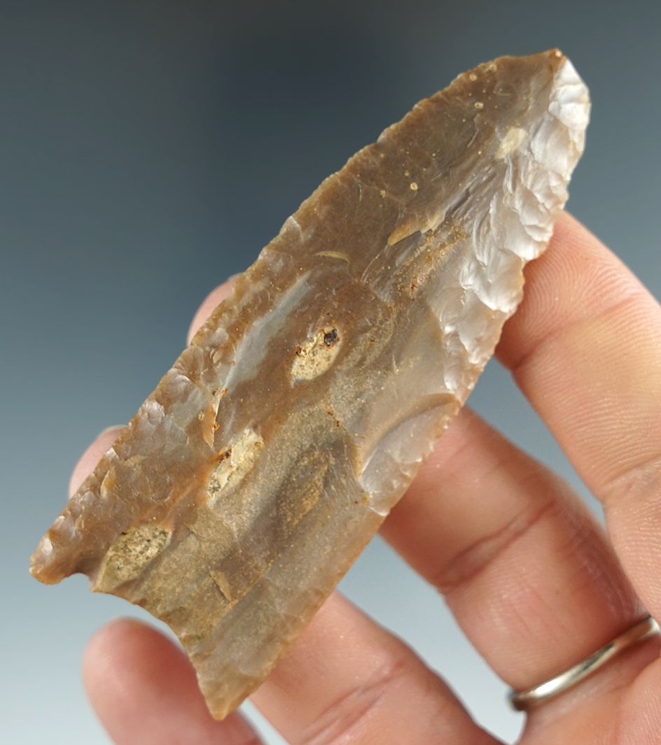 3 1/8" Paleo Fluted Clovis made from Carter Cave Flint found in Johnson Co., Indiana. Ex. Dresslar.