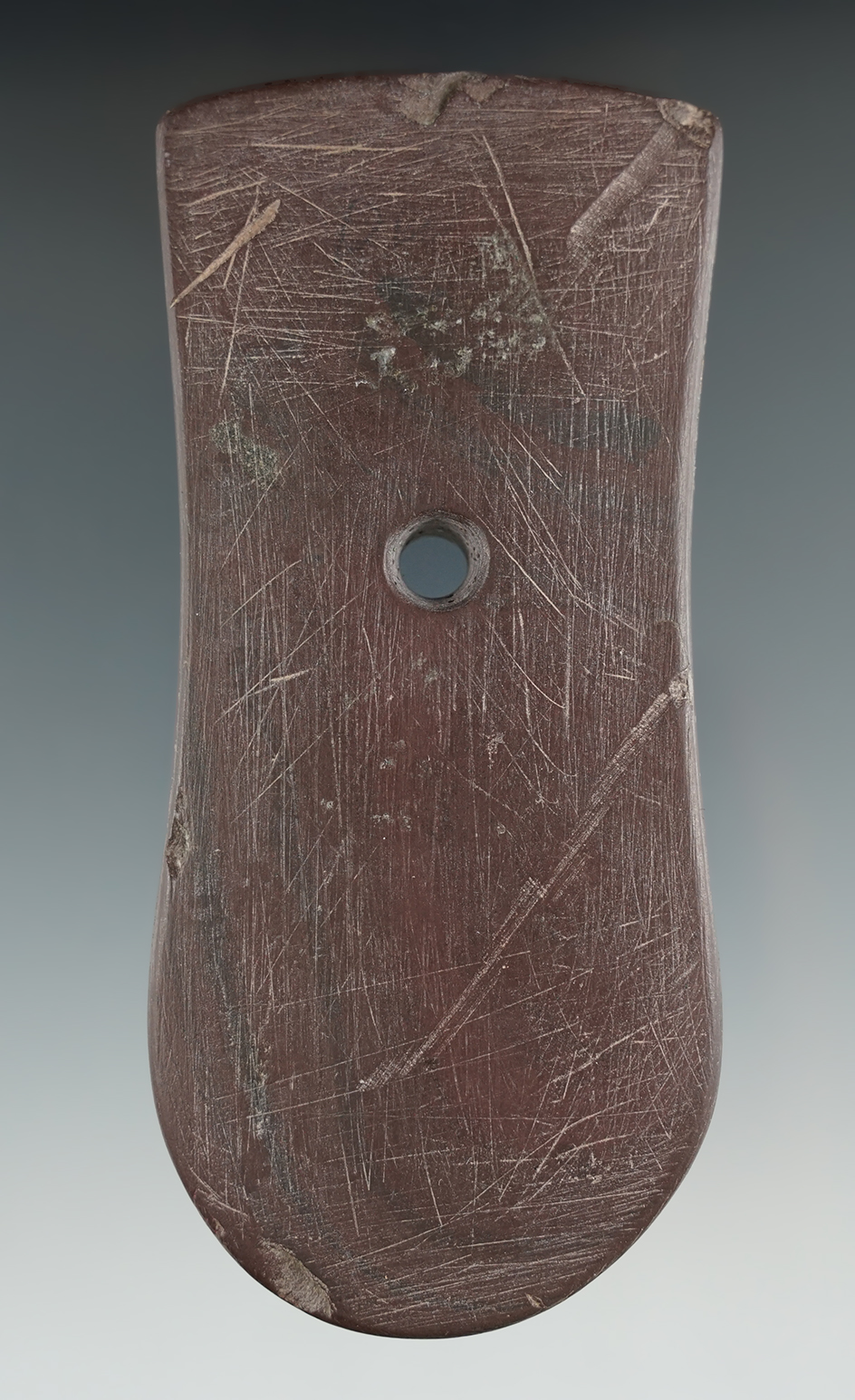 4 5/8" Adena Keyhole Pendant made from red and black Mottled Slate, found in Ottawa Co., Ohio.