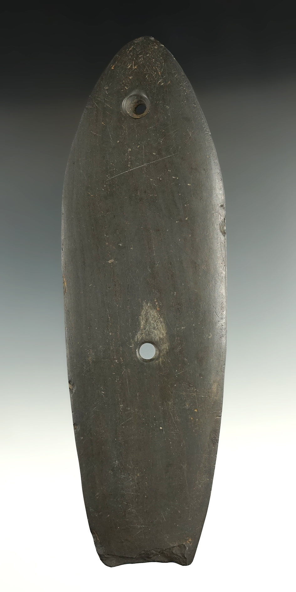 6 7/8" Coffin Gorget made from Slate. Found in Bucyrus, Crawford Co., Ohio.