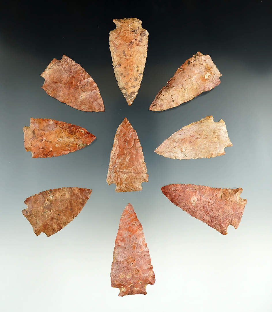 Cache of 9 Bentons made from red Jasper, found in Tennessee. Comes with a Davis G-9 COA.