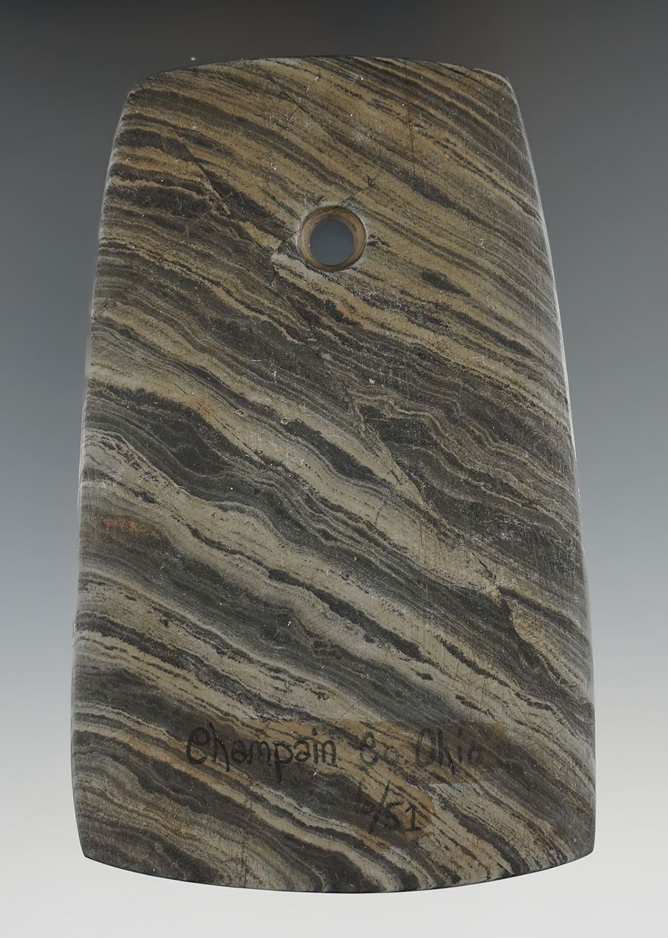 4 1/2" Adena Flared Pendant made from Glacial Slate. Found in Champaign Co., Ohio.