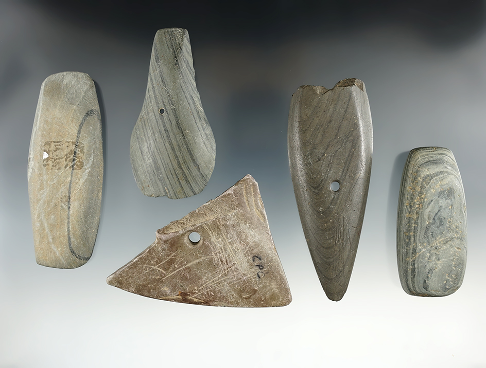 Group of five Ohio slate artifact including a spotted but undrilled pendant and an undrilled Gorget.