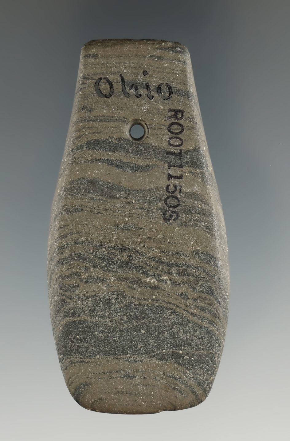 2 3/4" Mississippian Trapezoidal Pendant made from Banded Slate, found in Ohio. Pictured.