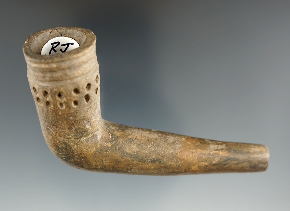 3 3/8" long Iroquois clay Ring Bowl Pipe with punctate design. Some restoration to elbow/stem area.