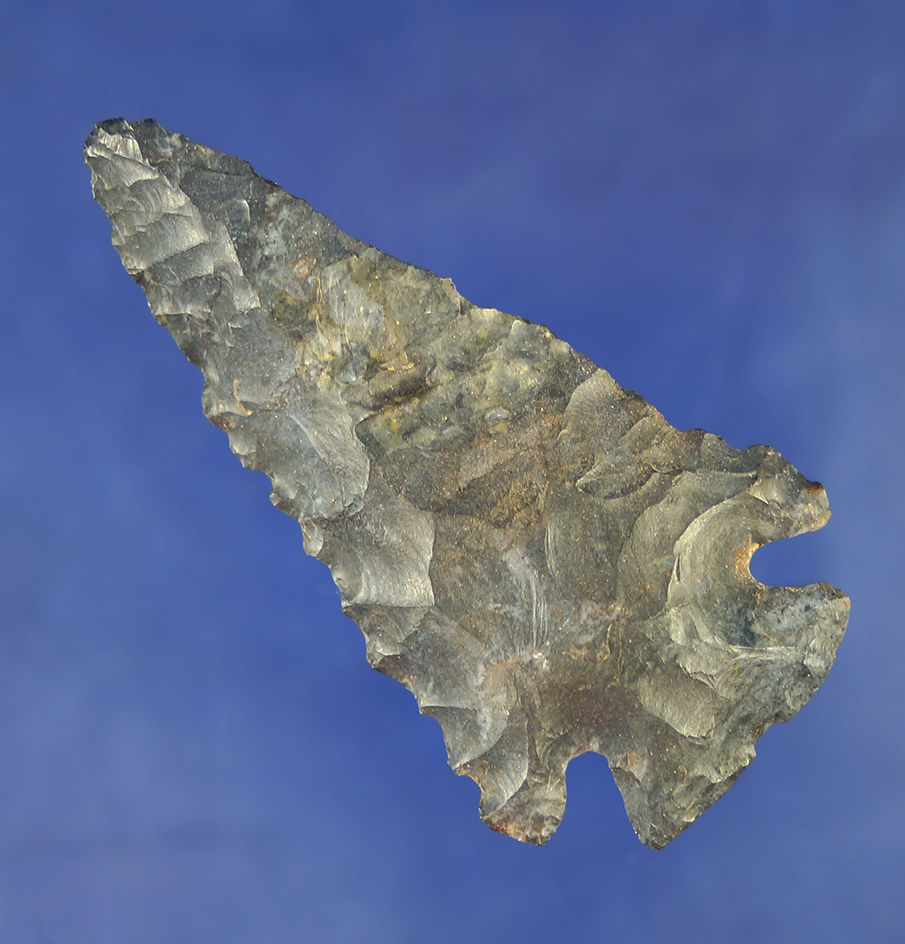 3" nicely beveled Coshocton Flint Notched Base Dovetail found in Hancock Co.,  Ohio. Ex. Ed Fronk.