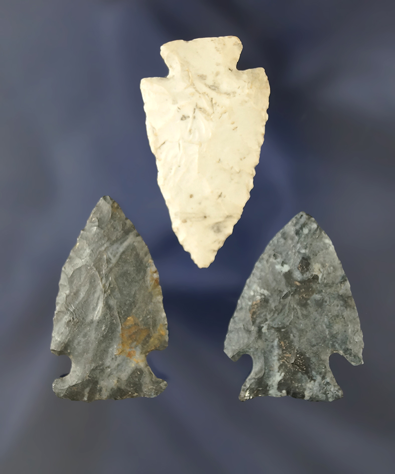 Set of 3 Assorted Ohio Arrowheads, largest is 1 3/4".