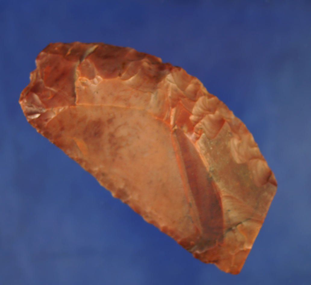 3 7/16" beautiful red colored Flint Ridge Flint Uniface Knife found in Pickaway Co.,  Ohio.