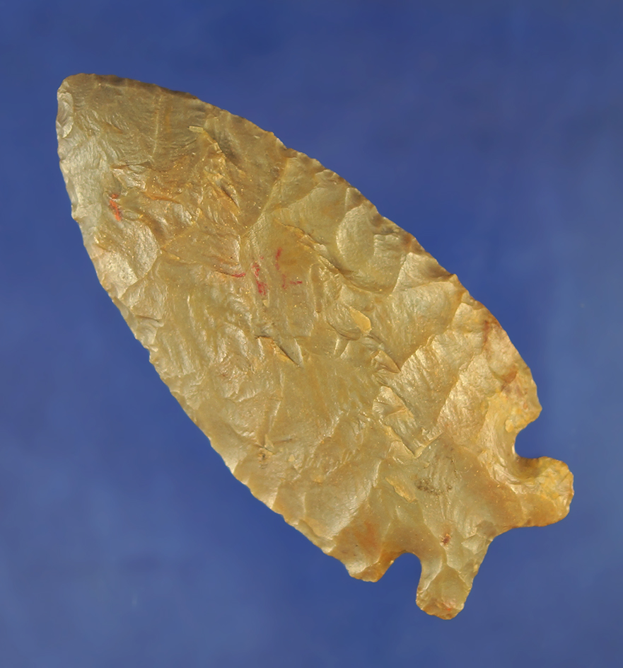 Beautiful material, flaking and style on this 3 7/16" Carter Cave Flint Cornernotch - Ohio.