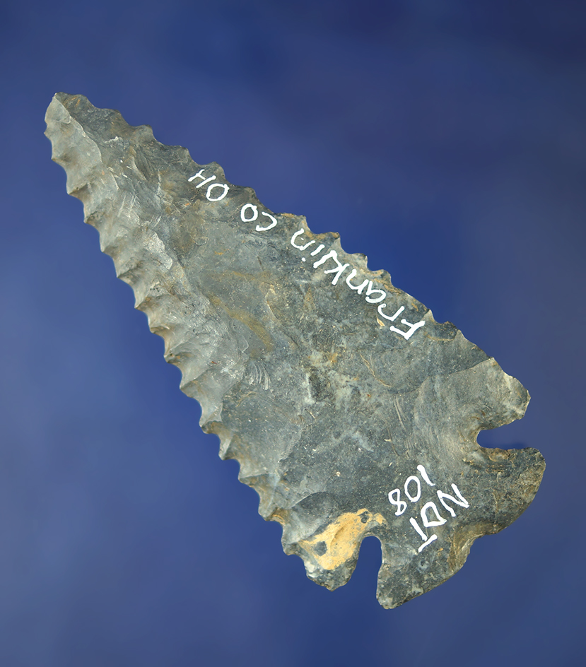 Heavily serrated 3 1/2 Notched Base Dovetail found in Ohio with restoration to the tip area.