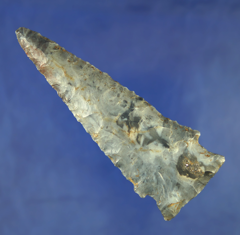3 13/16" beautifully colored blue and white Flint Ridge Flint Hopewell Knife found near Navarre Ohio