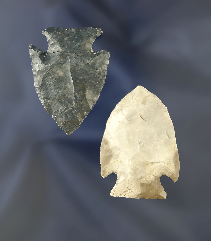 Pair of well made Intrusive Mound points found in Scioto Co., Ohio. Largest is 1 3/4".