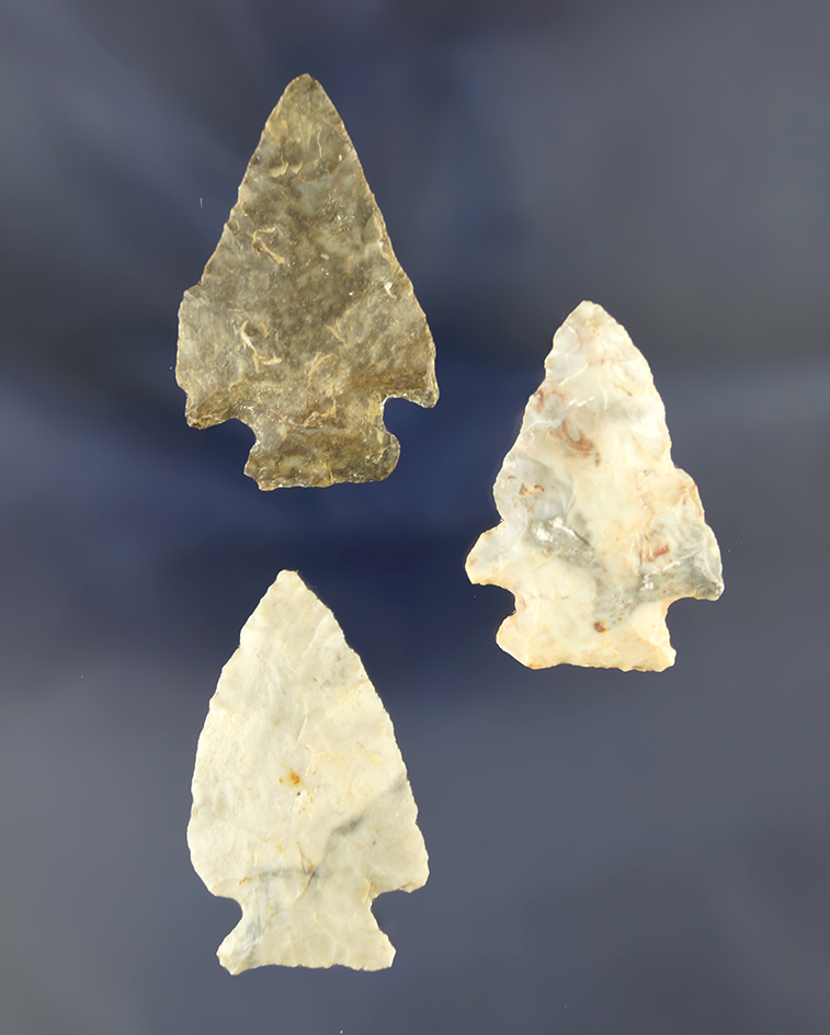 Set of three Cornernotch points found in Huron Co.,  Ohio. Largest is 1 1/2".