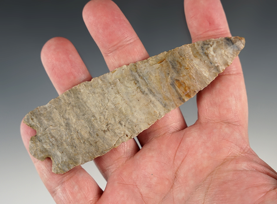 4 5/8" Dovetail - anciently damaged base. Found by J. Ed Brewer in Highland Co., Ohio.