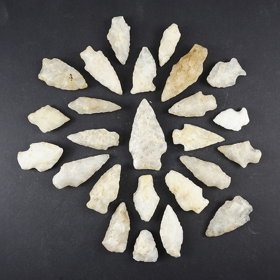 Set of 25 Quartz points found in the Eastern U.S. The largest is 2 1/2".