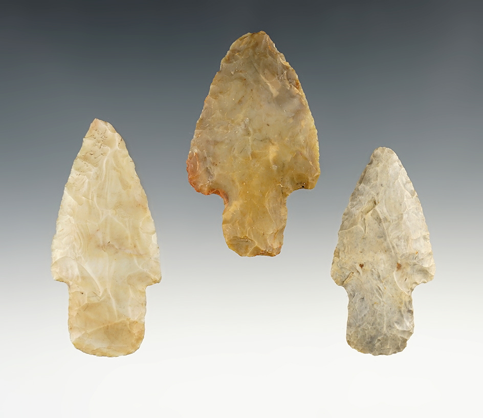 Set of 3 Flint Ridge Adena points found in Ohio. The largest is 193