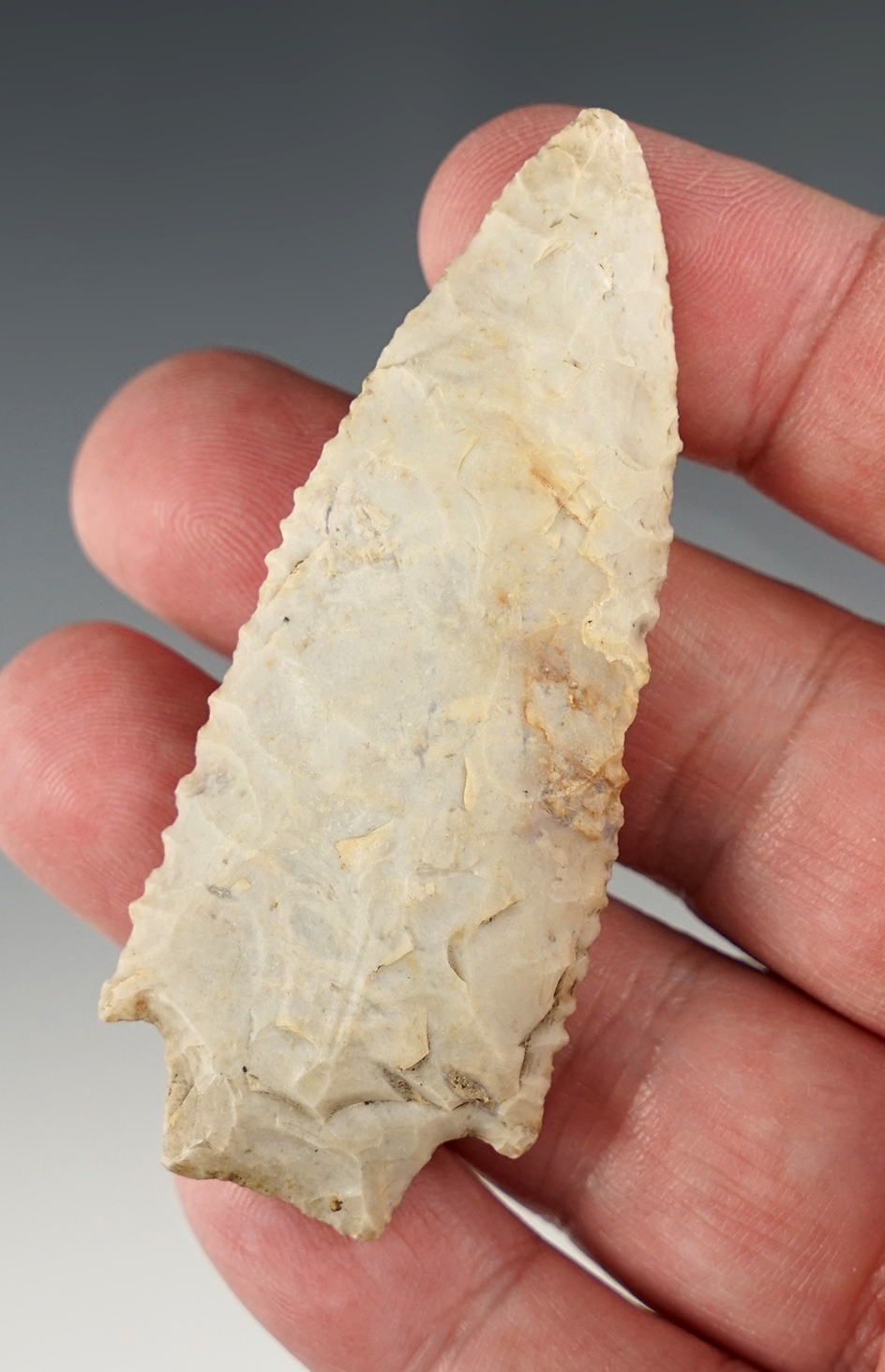 2 7/8" Beautifully made Archaic Stemmed point with fine serrations. Ohio by Terry Newell.