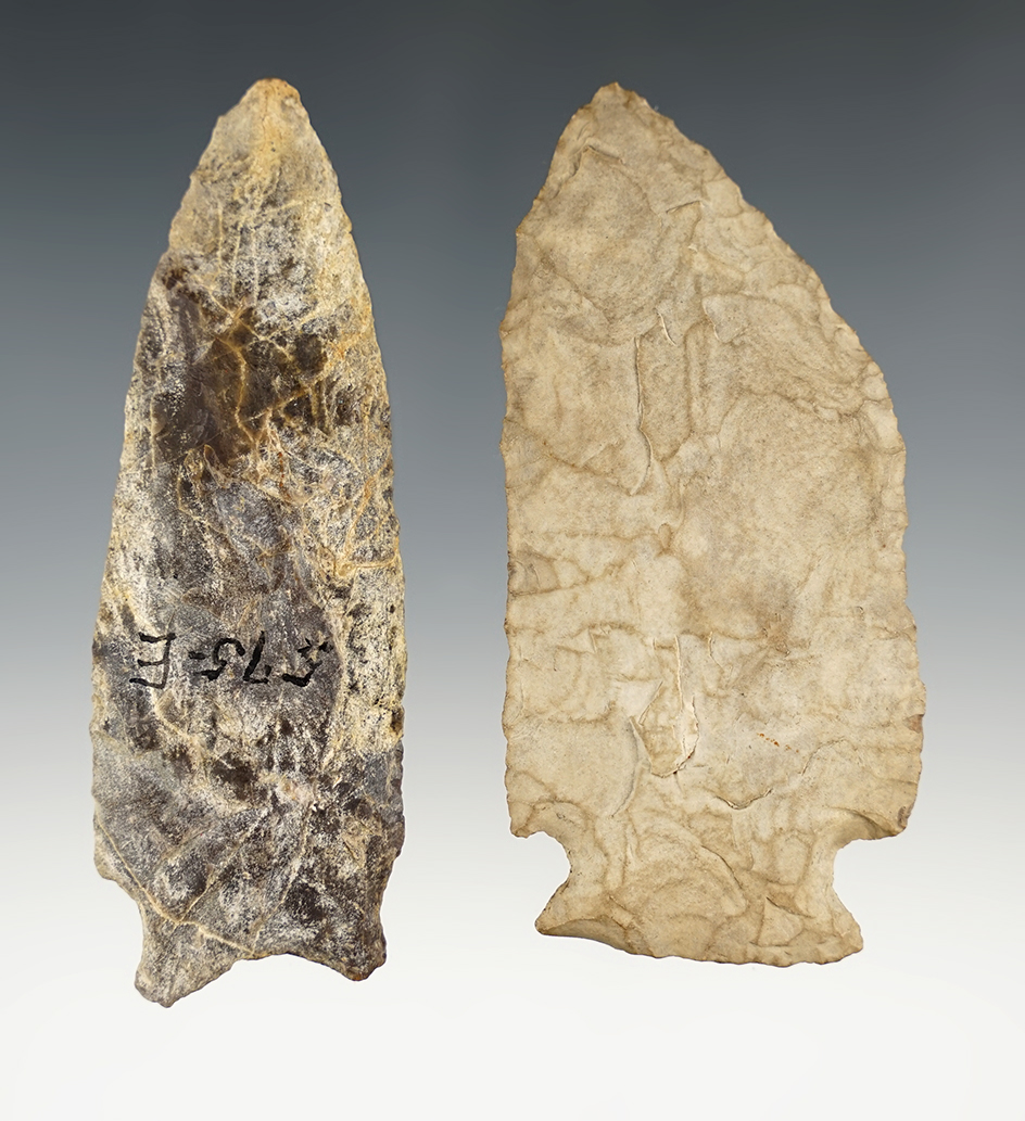 Two large Archaic highly patinated points, one Flint, one Rhyolite. Largest is 3 1/8".