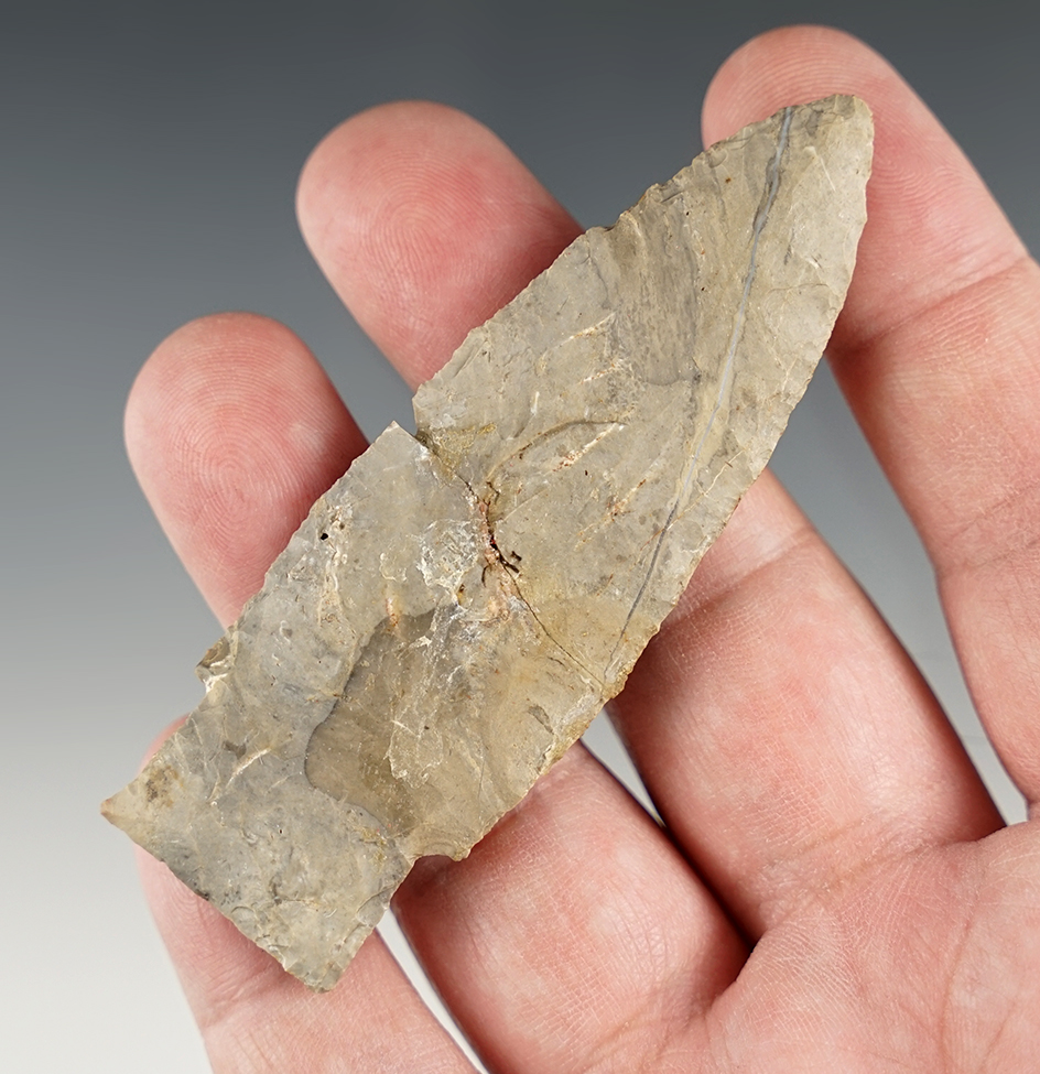 3 5/16" Ohio Stringtown Lanceolate. Broken/glued at the midsection but still displays well.