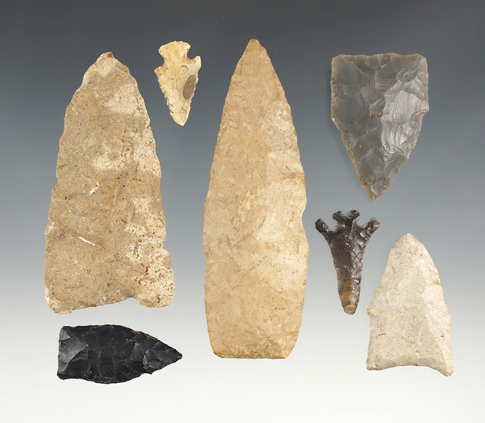Set of 7 assorted points found in the Midwest. The largest is 3 9/16".