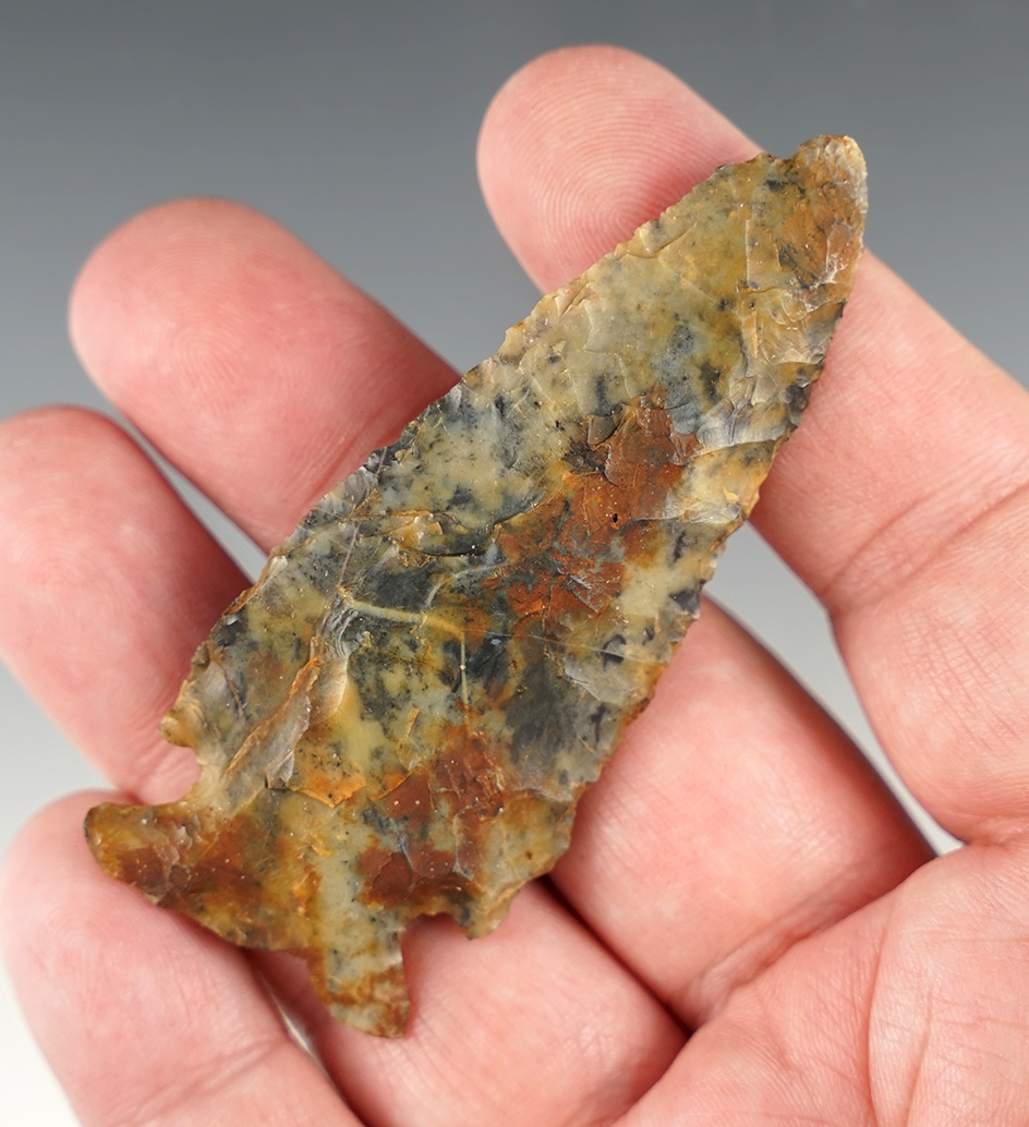 3" Ohio Corner Notch made from a highly colorful flint.