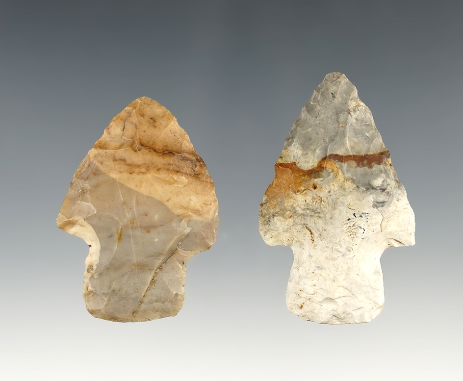Pair of colorful Adena points found in Monroe Co., Ohio. Ex. E.C. Cline. The largest is 2 1/16".