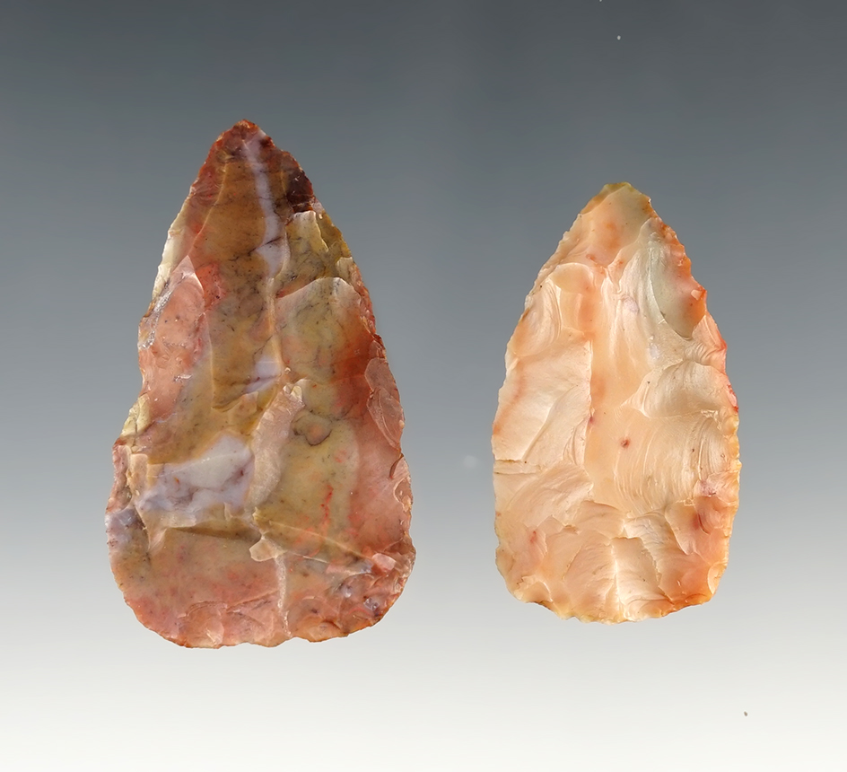 Pair of colorful Ohio Blades made from Flint Ridge flint. The largest is 2 1/4".