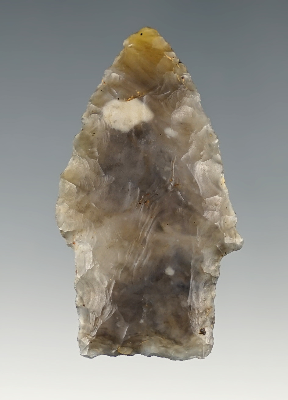 1 15/16" Stemmed Paleo Dart made from rare Moss Agate. Found in Perry Co., Ohio.