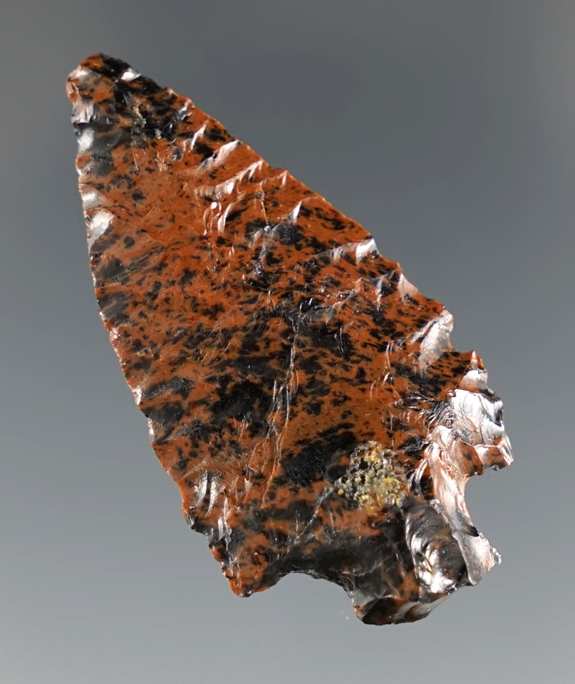 1 3/4" Mahogany Obsidian Arrowhead found in Lake Co., Oregon.
