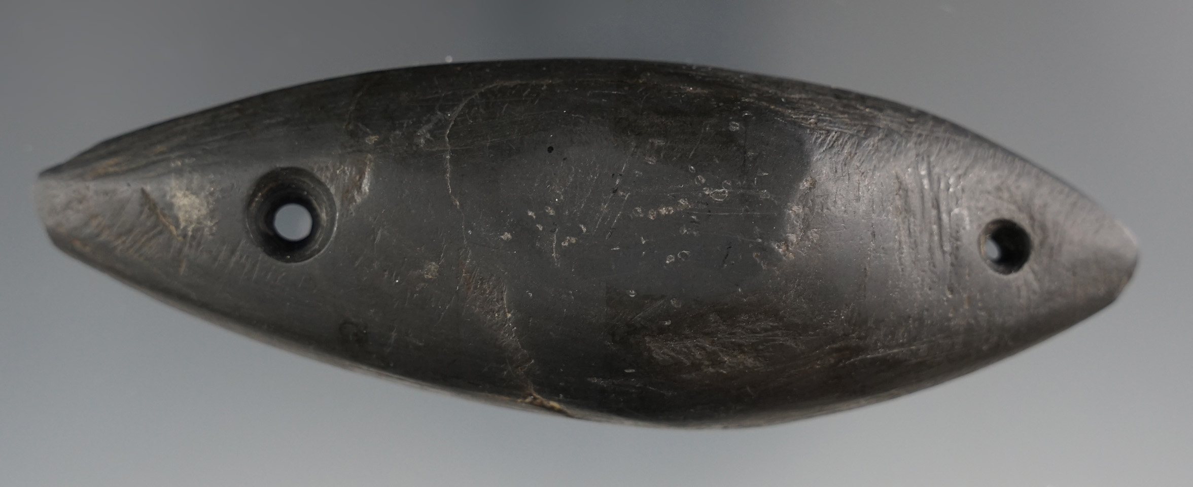 4 5/8" Black Slate Glacial Kame Hump Gorget. Found in Delaware Co., Ohio.